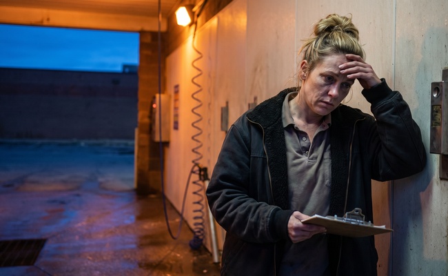 A tired worker stands in a concrete bay at dusk holding a clipboard, counting the hours a collection problem has cost her.