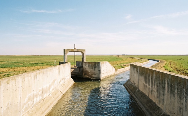 A concrete irrigation head gate splits one channel of water into two separate channels running toward different horizons.