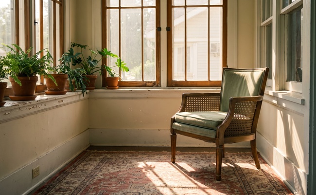 An empty sunroom chair sits in slanting afternoon light during the quiet window before any court paper arrives.