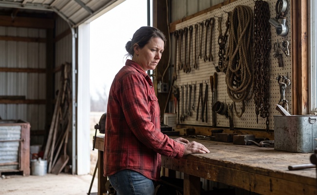 A woman in a flannel shirt stands at a workbench in a farm equipment shed looking down with a troubled expression.