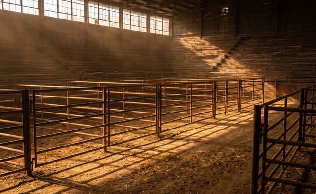Empty steel pens and wooden bleachers in a livestock auction barn stand in dusty late afternoon light.