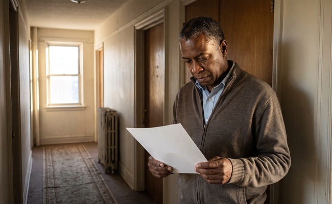 An older man stands alone in an apartment hallway holding a single sheet of paper, working out why his monthly deposit arrived smaller than the month before.