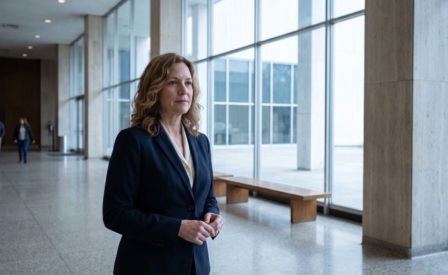 A woman waits in a civic building lobby, the setting where a private creditor must first win a lawsuit before it can reach any bank account.