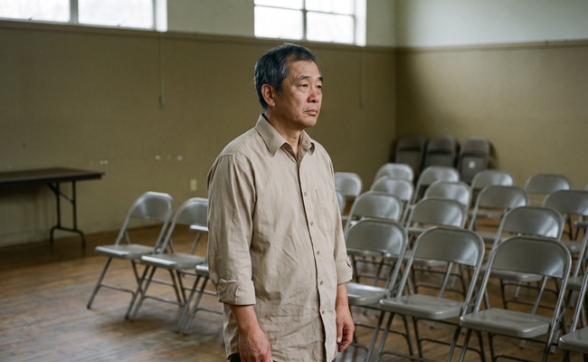 A man stands among rows of empty folding chairs in a community meeting room, a quiet space that mirrors the two business days a bank has to review a garnishment order.