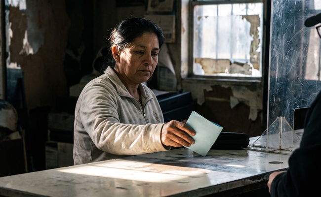 A woman hands a plain paper check across a storefront counter, the one habit that strips away the automatic protection an electronic deposit carries.