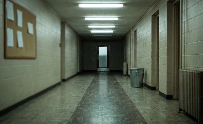 An empty institutional corridor with a bulletin board of unread notices, the kind of administrative process that reduces a payment before it ever reaches a bank.