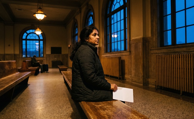 A woman sits alone on a station bench at dusk beside a folded notice, facing the one category of obligation that federal law carves out by name.