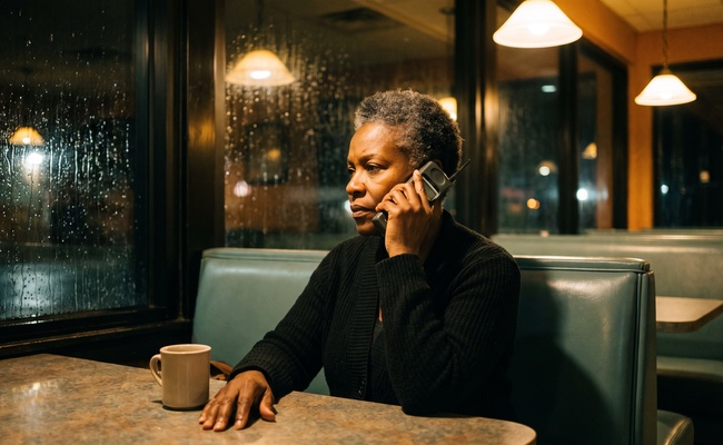 A woman makes a phone call from a diner booth late at night in the rain, choosing to ask which agency took the money rather than wait for an explanation.