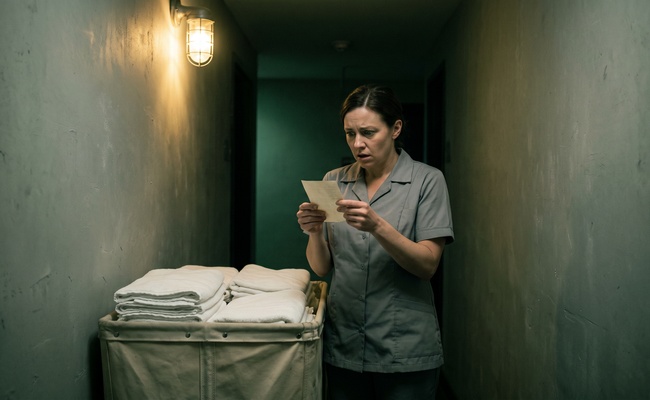 A woman in a grey housekeeping uniform reads a pay slip beside a linen cart under a single corridor light, working out where a quarter of her paycheck went.