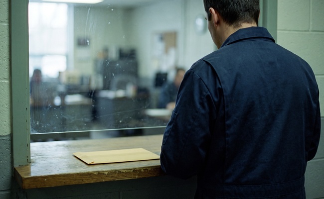 A worker stands at a payroll service window with an unmarked envelope on the ledge, the place where most people first learn a wage garnishment has started.