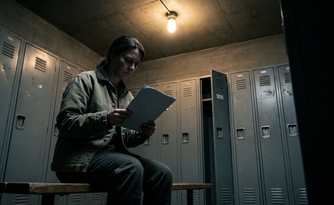 A woman sits on a locker room bench under a bare bulb reading the garnishment notice that contains the form and the deadline she needs to claim a garnishment exemption.