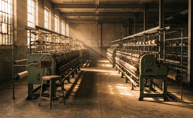 An empty textile mill floor at the end of a shift, the kind of workplace whose pay records establish what a paycheck actually is before deductions.