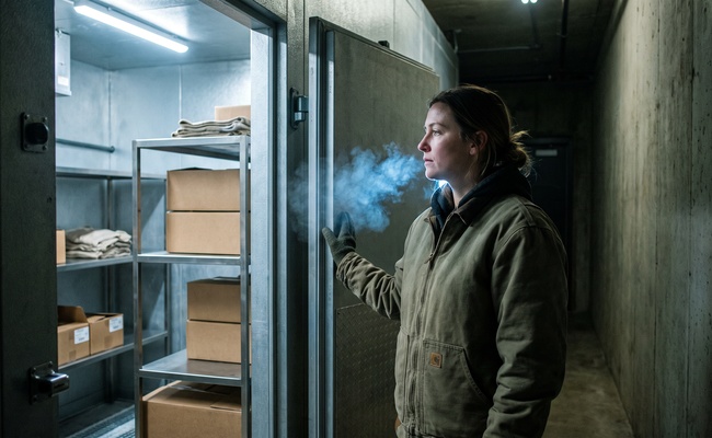 A woman pauses in a cold storage doorway with her breath visible, the moment of deciding whether to step through rather than wait for a protection that never arrives.