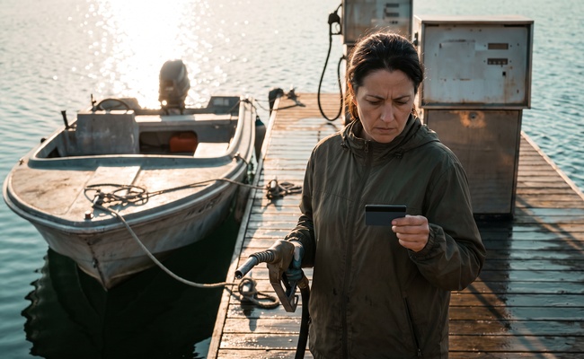 A woman at a marina fuel dock looks at a declined bank card while still holding the fuel nozzle, realizing her account has been frozen.
