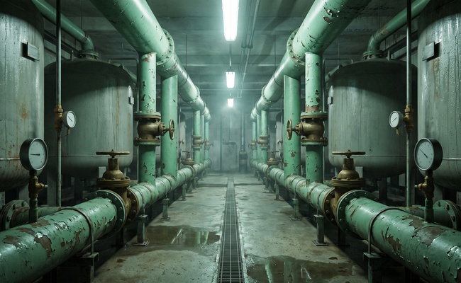 An empty municipal pump room where filtration machinery runs on its own, illustrating the automatic account review a bank performs without any request from you.