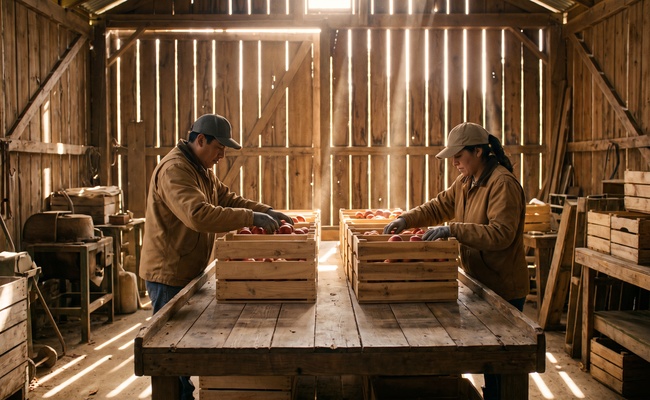 Two workers separating fruit into different crates in an orchard packing shed, illustrating the work of tracing which deposits came from protected sources.