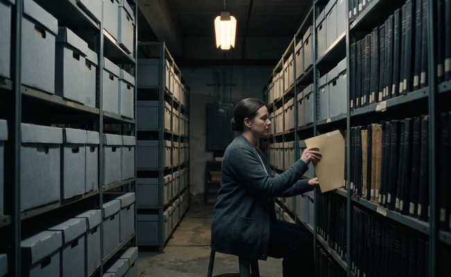 A woman filing a folder into archive shelving under a single strip light, standing for the act of filing an exemption claim with the court clerk.