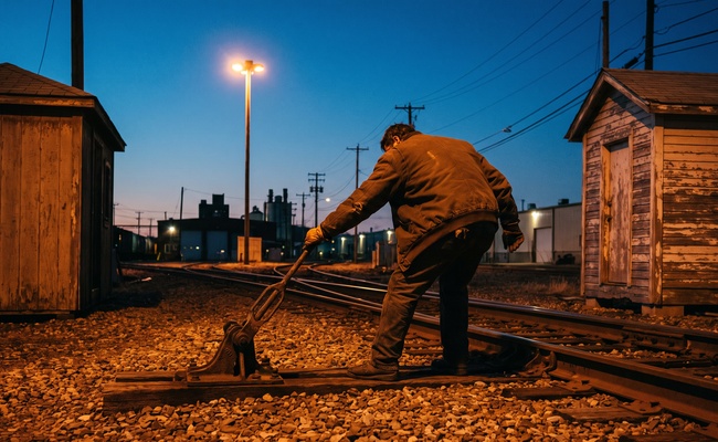 A worker pulling a heavy manual switch lever in a rail yard at dusk, standing for the release that only happens once someone physically acts on the order.