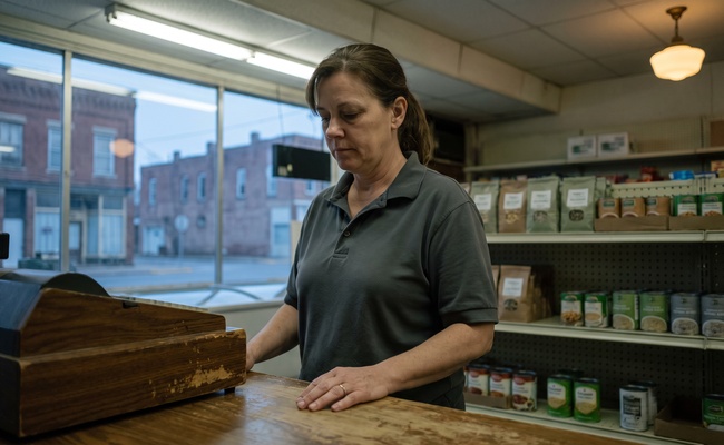 A grocery clerk standing at her register at opening time, checking a balance and finding her bank account frozen after a judgment.