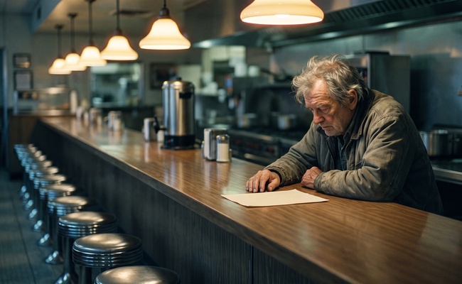 An older man alone at a diner counter reading a notice to work out how much of his frozen account is still protected.