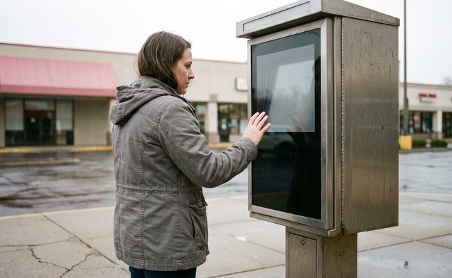 A woman hesitating at a utility payment kiosk, unable to pay a bill from a bank account frozen after judgment.