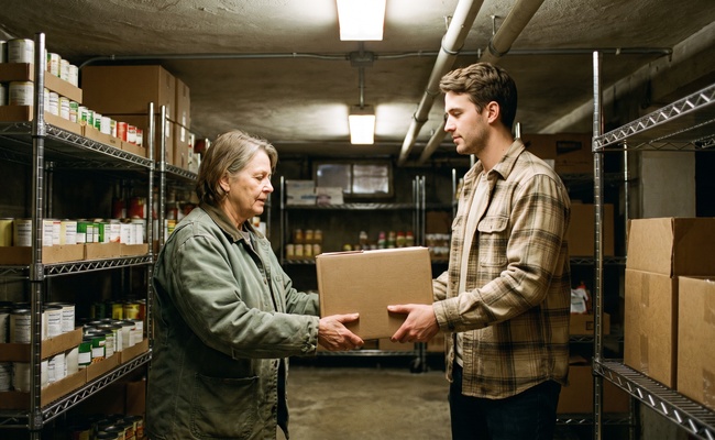 Two volunteers passing a box of food between pantry shelves, the kind of help households use while a bank account is frozen after judgment.