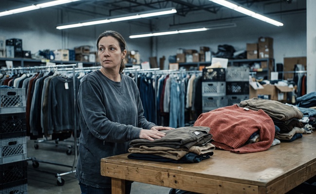 A woman sorting clothing at a thrift store table, thinking through how to keep income safe after a bank account frozen after judgment.