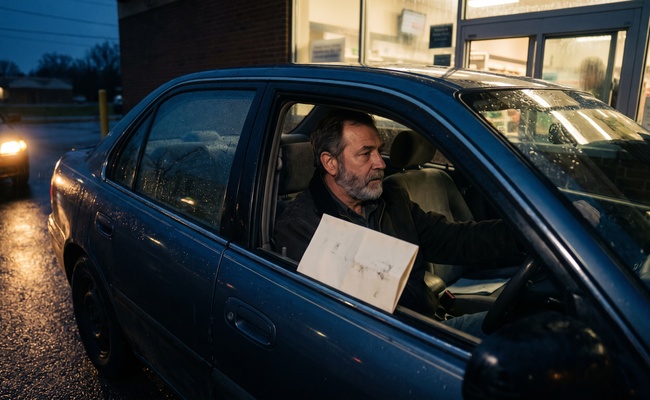 A man waiting in his car at a pharmacy window at dusk, deciding what to escalate about his bank account frozen after judgment.