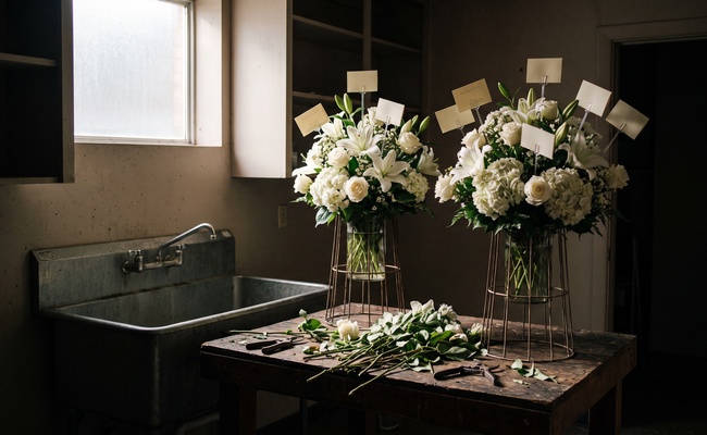 Blank cards among white funeral arrangements, a quiet image for the rule that lets creditors take money from a joint account.