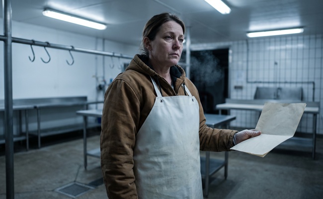 a woman standing in deep thought in a butcher cutting room