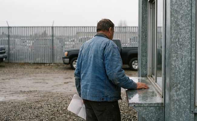 A man at a vehicle release window holding folded court paper, facing the kind of order that starts a judgment debtor examination.