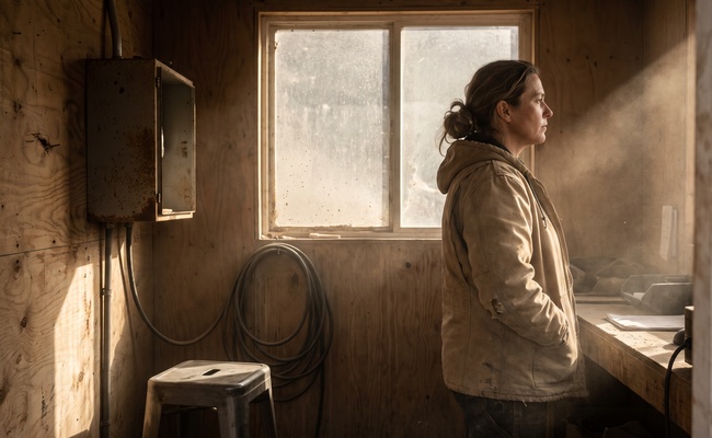 A worker alone in a dusty weigh shed, thinking through records the way preparation for a judgment debtor examination requires.