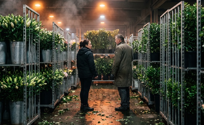 Two coworkers talking in a pre-dawn market aisle, the kind of conversation that follows when a judgment debtor examination reaches an employer.