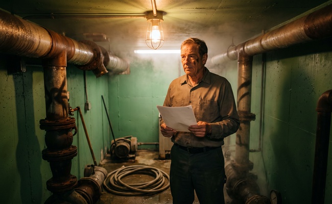 A man reading a notice under a bare bulb in a pump room, working out which income a judgment debtor examination cannot reach.