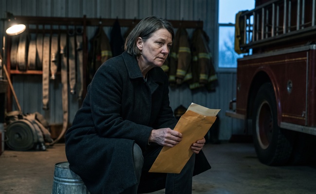 A woman sits alone in a fire station apparatus bay holding the envelope containing a post judgment discovery request.