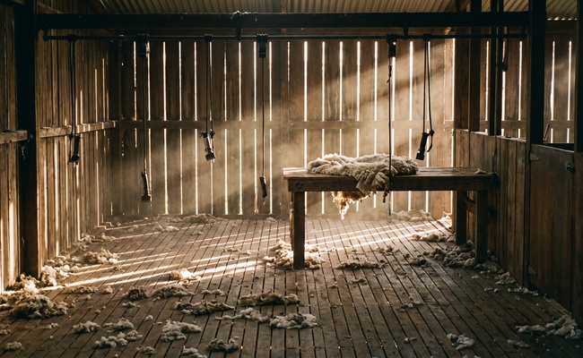 An empty shearing shed with light raking through board gaps, where each question in a post judgment discovery request is handled one at a time.