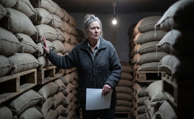 A woman in a knitted cardigan standing among stacked feed sacks under a bare bulb, holding a court notice face down as she decides how to challenge an incorrect judgment.