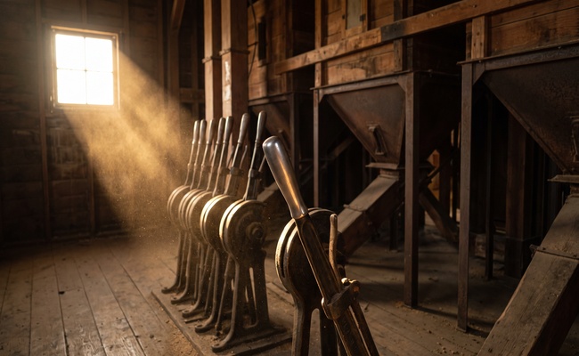 A disused grain elevator control booth with bare iron levers, standing for the mechanical difference between a clerical correction and a substantive challenge.