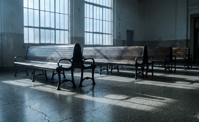 An empty ferry terminal ticket hall with bare walls and vacant benches, the waiting that continues while collection runs on during a motion to challenge an incorrect judgment.