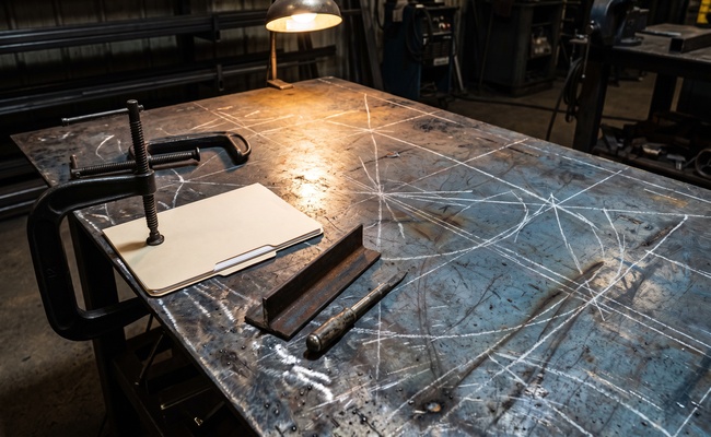A closed manila folder clamped flat on a welding shop layout table beside soapstone marks, the single prepared exhibit that a hearing to challenge an incorrect judgment turns on.