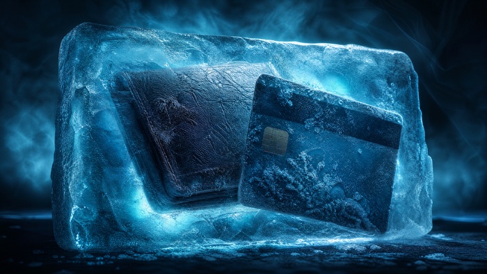 Bank card and wallet frozen in ice representing a bank account frozen by a debt collector levy