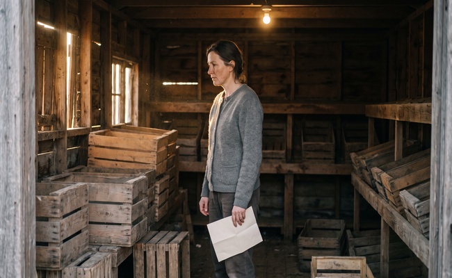 A woman standing alone in a roadside produce stand shuttered for the season, holding a folded court paper, the moment before deciding to settle a debt before judgment.