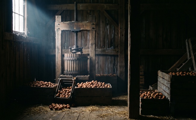 A wooden cider press with its iron screw lit by a single shaft of light, the slow mechanical pressure that mirrors how authority is applied when you settle a debt before judgment.