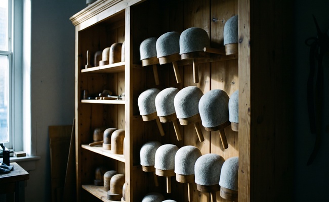 Felt hat forms held on wooden blocks in a workshop cabinet, each holding its shape only because it was blocked, the way a written agreement holds what you settle before judgment.