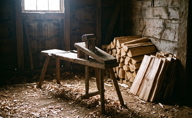 A shaving horse and a stack of split cedar shingles in a timber workshop, finished work counted and stacked the way a court file must be confirmed closed after you settle a debt before judgment.