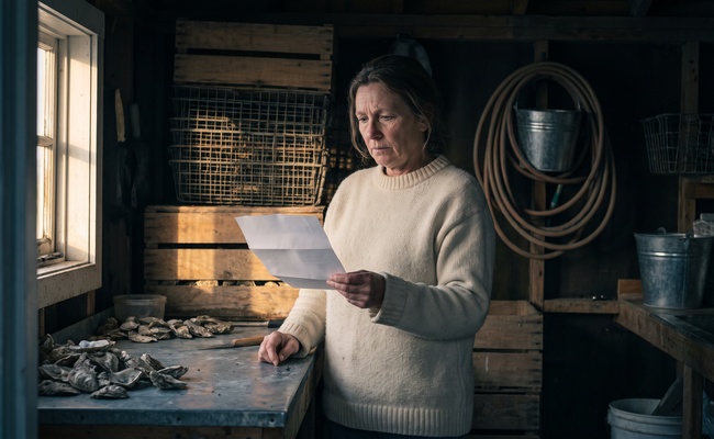 Oyster shucker holding an unopened letter about an account she never opened in a dawn-lit shucking house