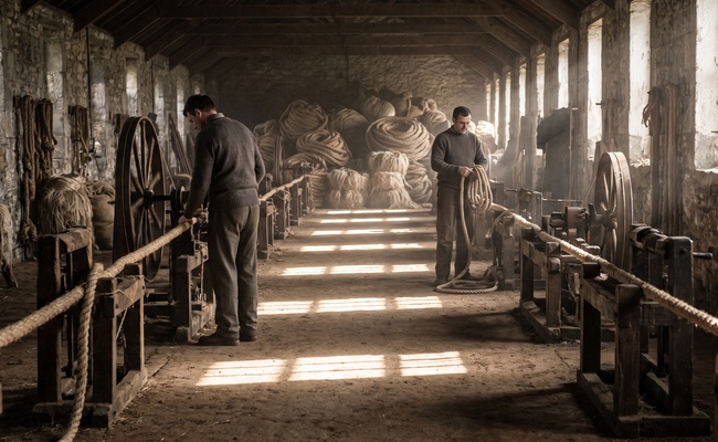 Two rope walk workers at separate stations in a long shed, echoing three credit files that must each be handled on their own