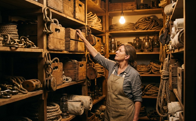 Chandlery worker reaching for the third of three storage bins, the way a credit freeze must be placed at each bureau separately