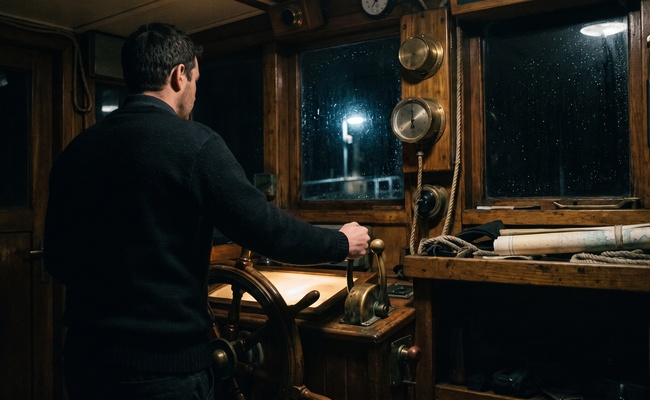 Ferry pilot at the wheel on a night crossing, hand on the throttle, the way a freeze is lifted deliberately and then restored