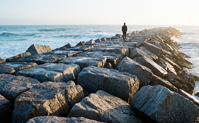 Lone figure on a stone breakwater at first light, the kind of protection that holds because it was built to last